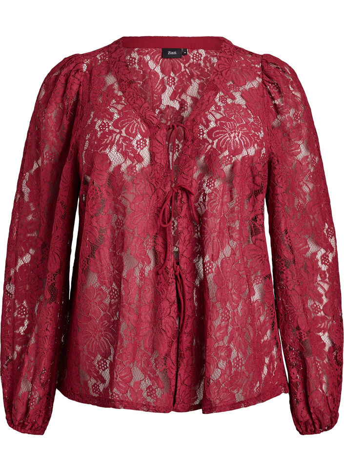 Kanten blouse met open voorkant en strikbandjes, Donker Bordeaux, Packshot image number 0