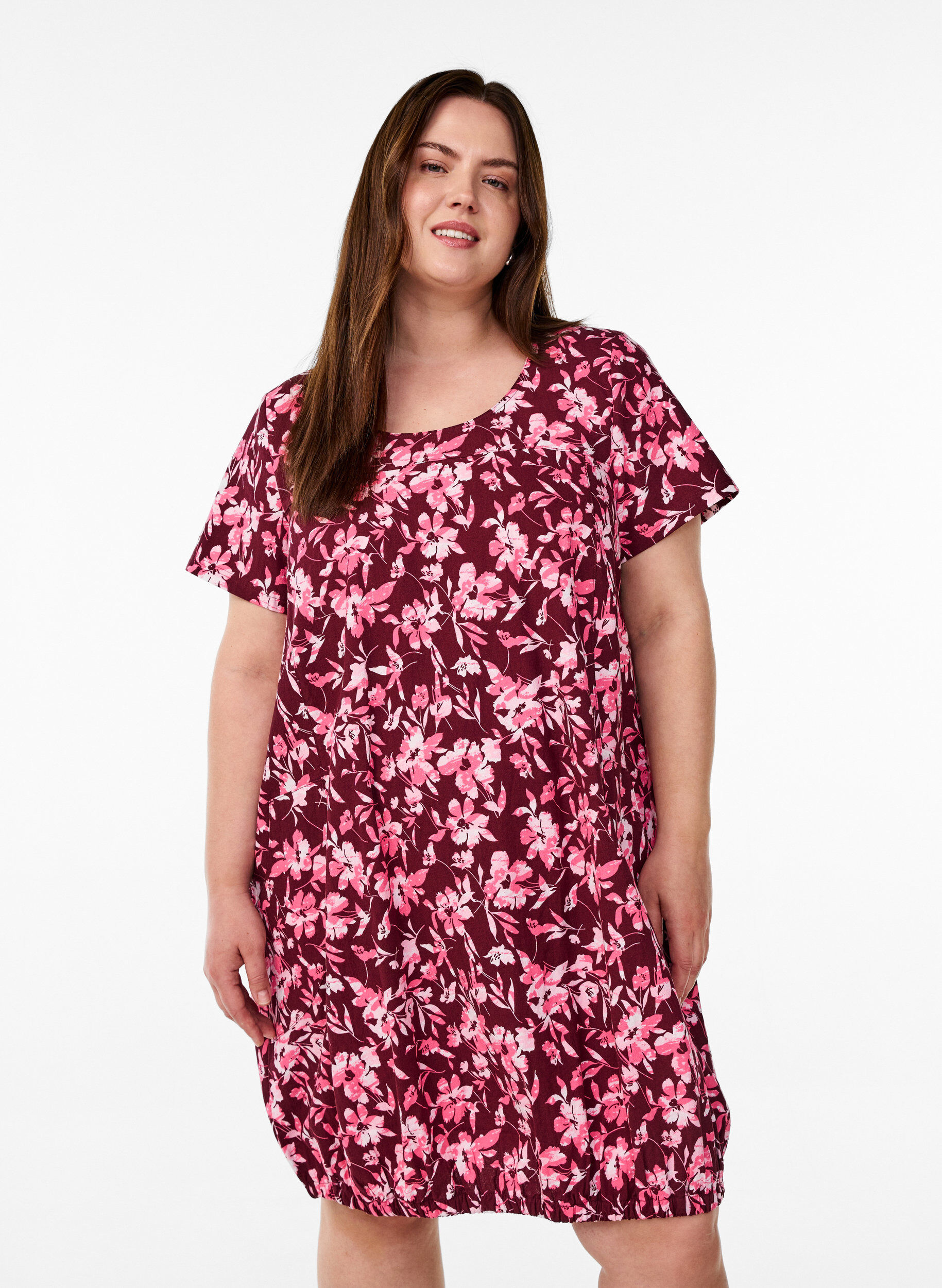 Robe en coton &agrave; manches courtes avec imprim&eacute;, Bordeaux fonc&eacute;, Model