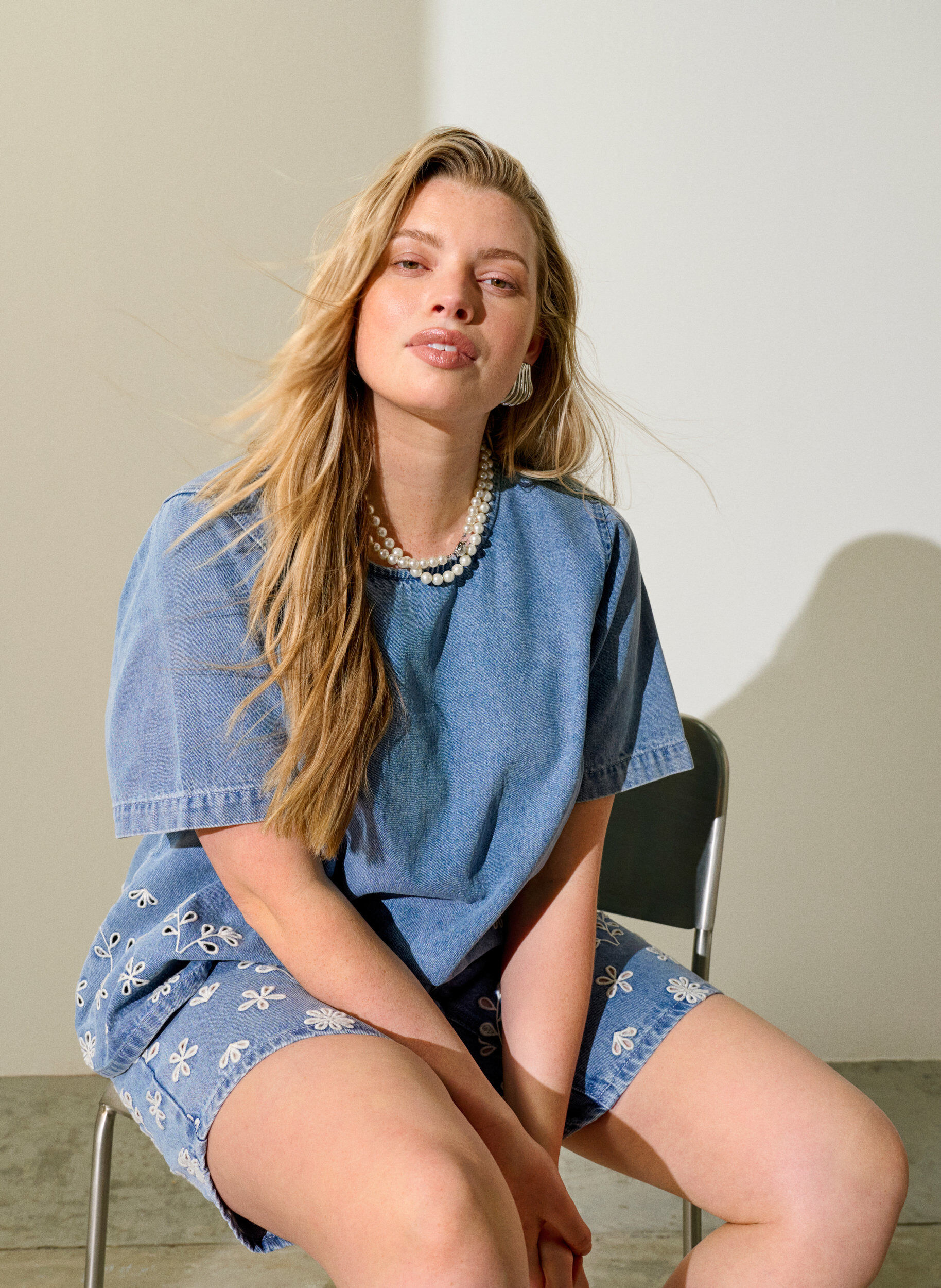 ZizziDenim blouse met korte mouwen en broderie anglaise, Blauw, Image image number 0