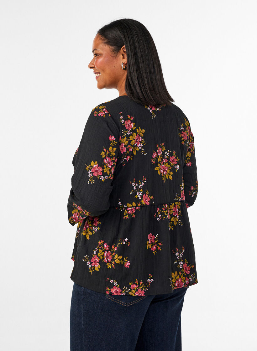 Blouse met lange mouwen en bloemenprint, Zwart, Model image number 2