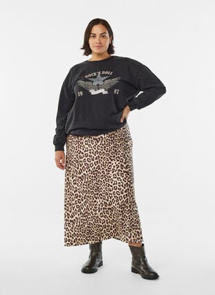 ZizziSatijnen midi rok, Leopard AOP, Model image number 0