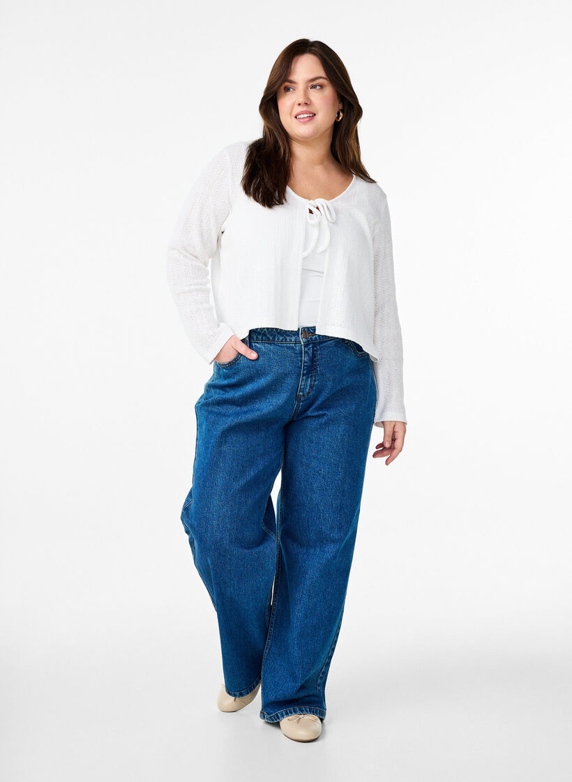 Cardigan met textuur en strik voorkant, Wit, Model image number 1