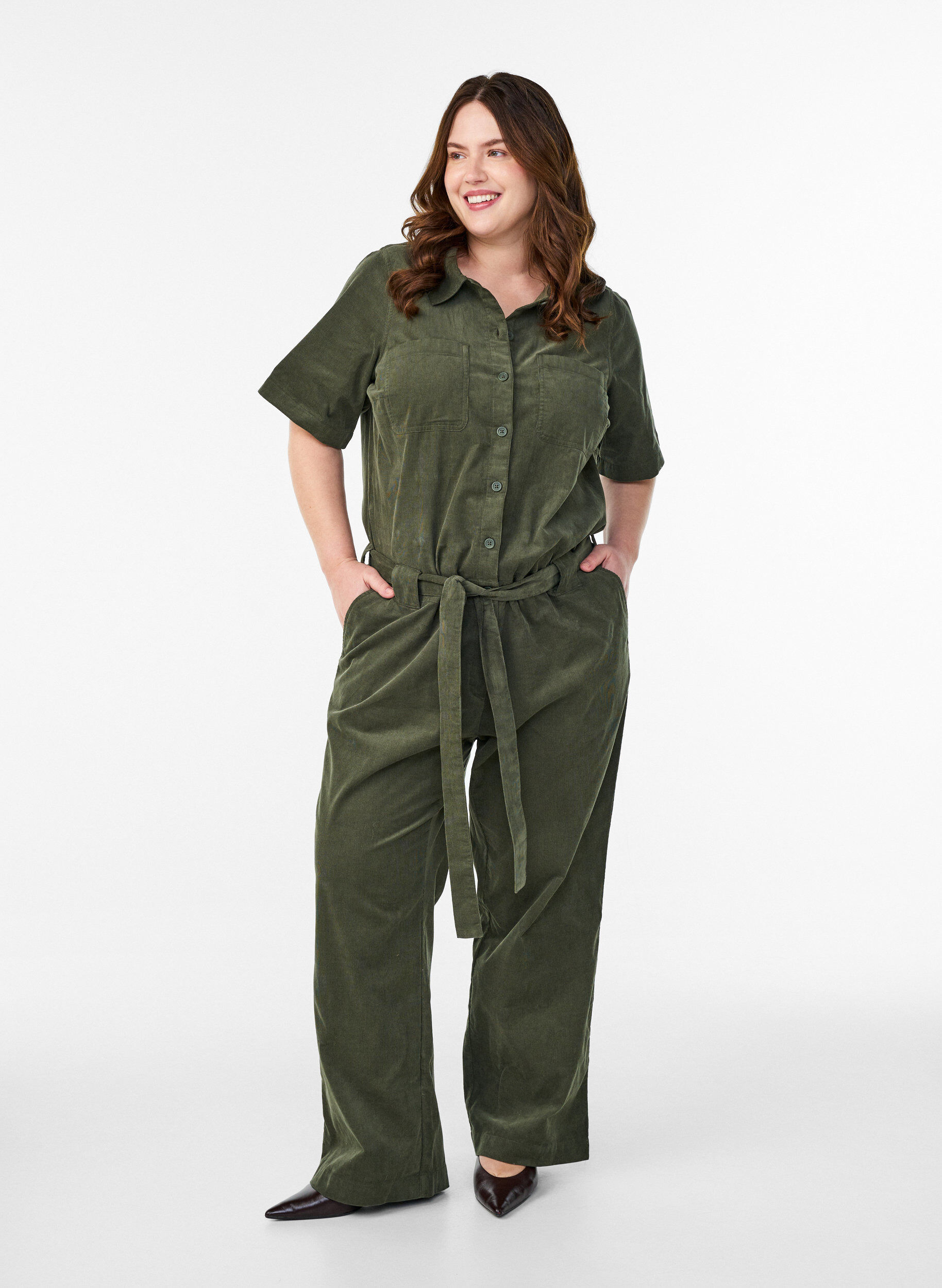 Corduroy jumpsuit met straight-fit broekspijpen, Groen, Model