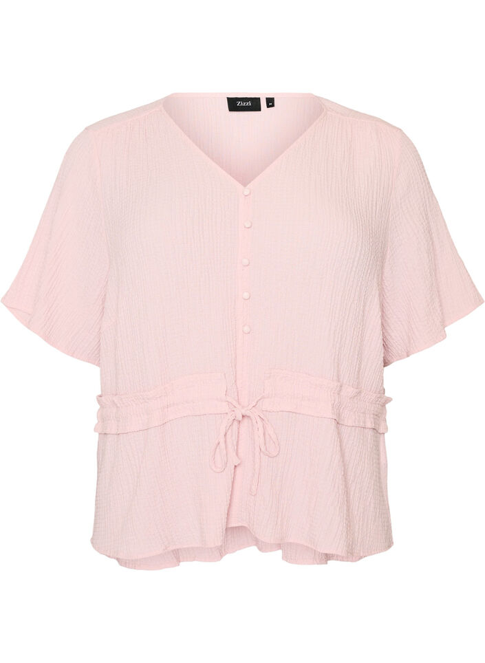 Blouse met textuur en een strik in de taille, Roze, Packshot image number 0