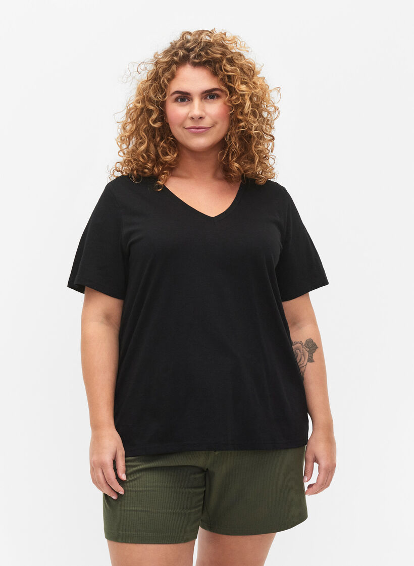Basic t-shirt met korte mouwen en v-hals, Zwart, Model image number 0