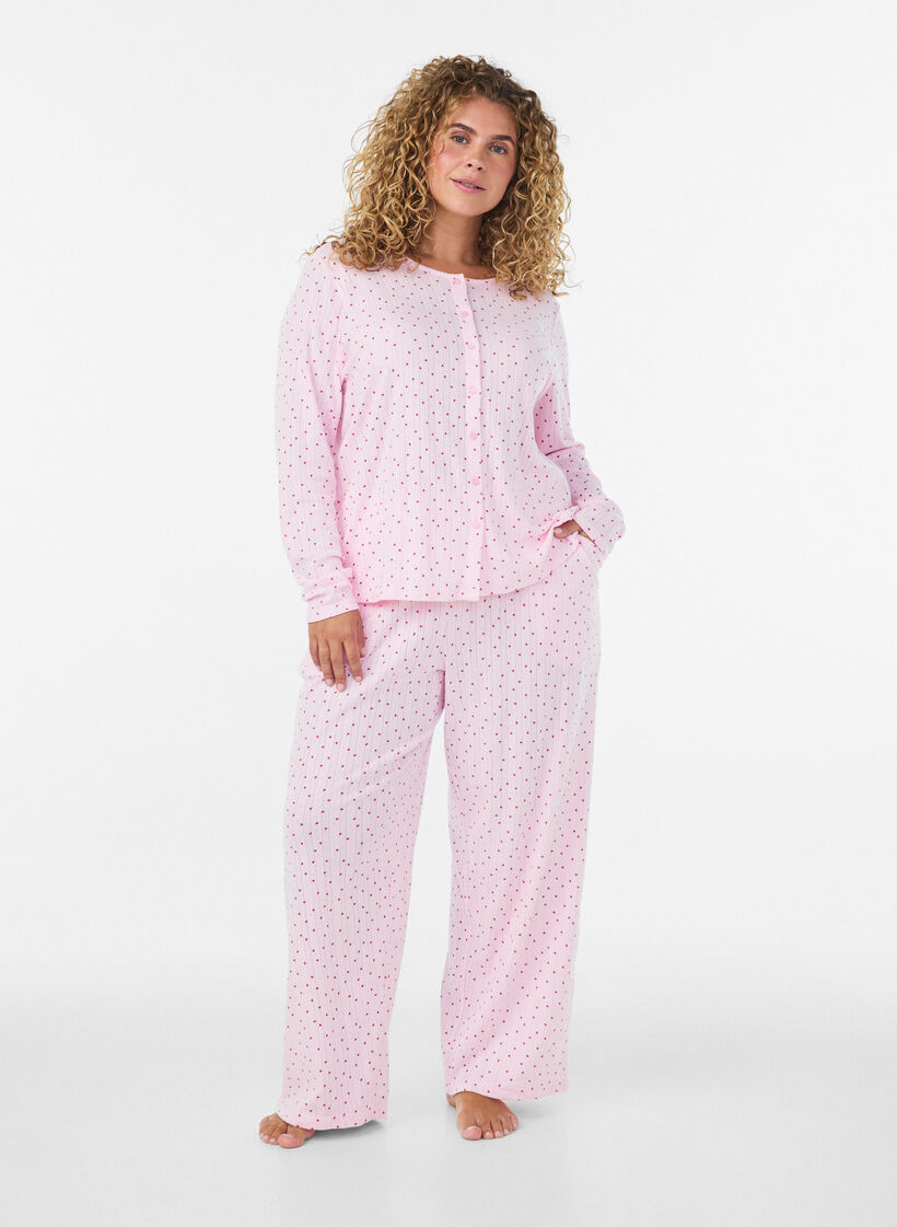 Organisch katoenen pyjamabroek met oogjesborduurwerk, Roze, Model image number 1