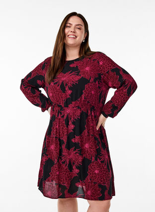 ZizziViscose jurk met print en lange mouwen, Tawny Port Flower, Model image number 0