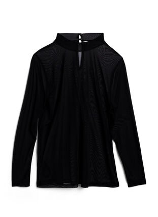 ZizziGetailleerde blouse van mesh met lange mouwen, Black, Packshot image number 1