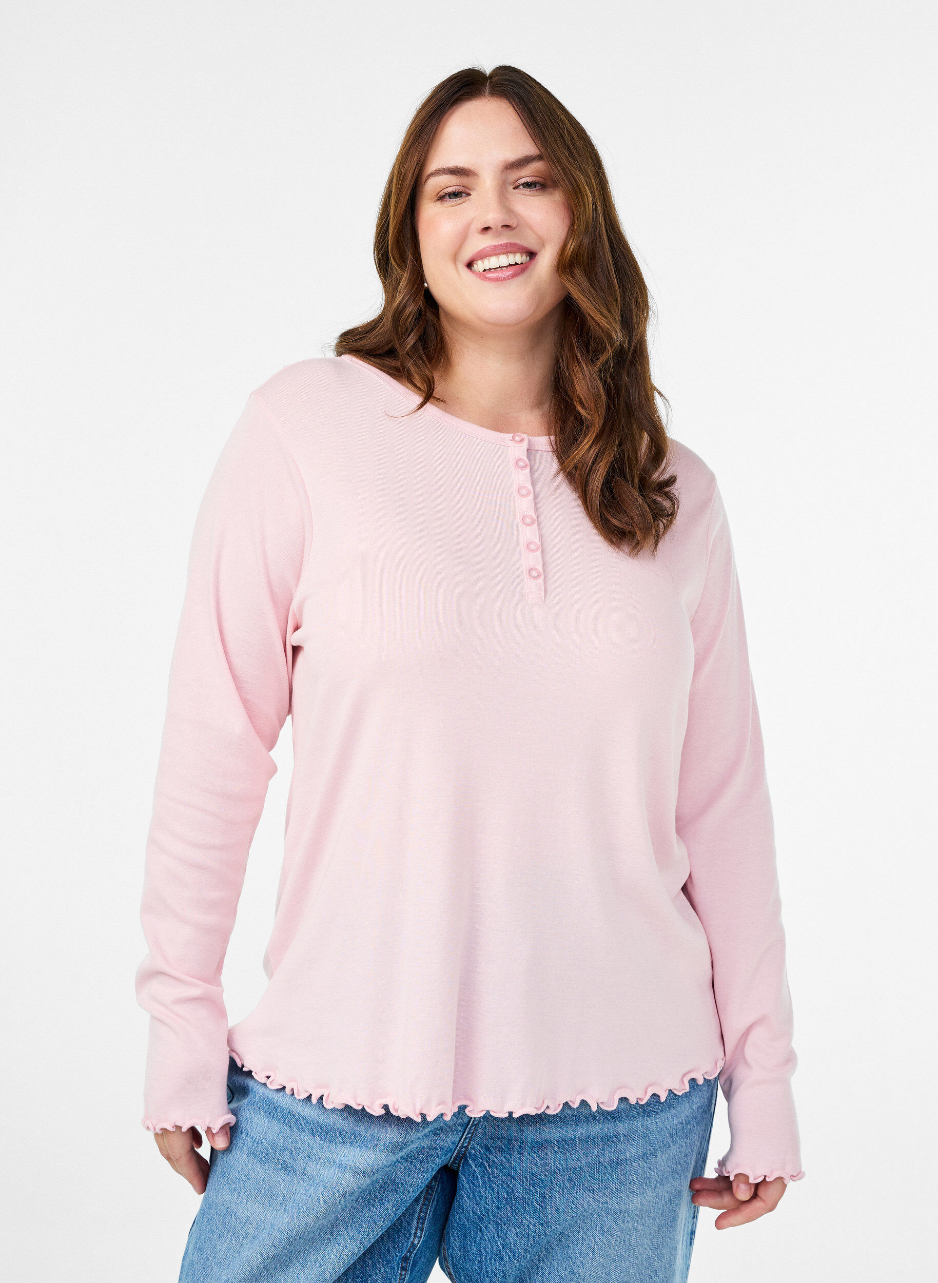 Jersey blouse met knoopjes en golvende randen, Roze, Model