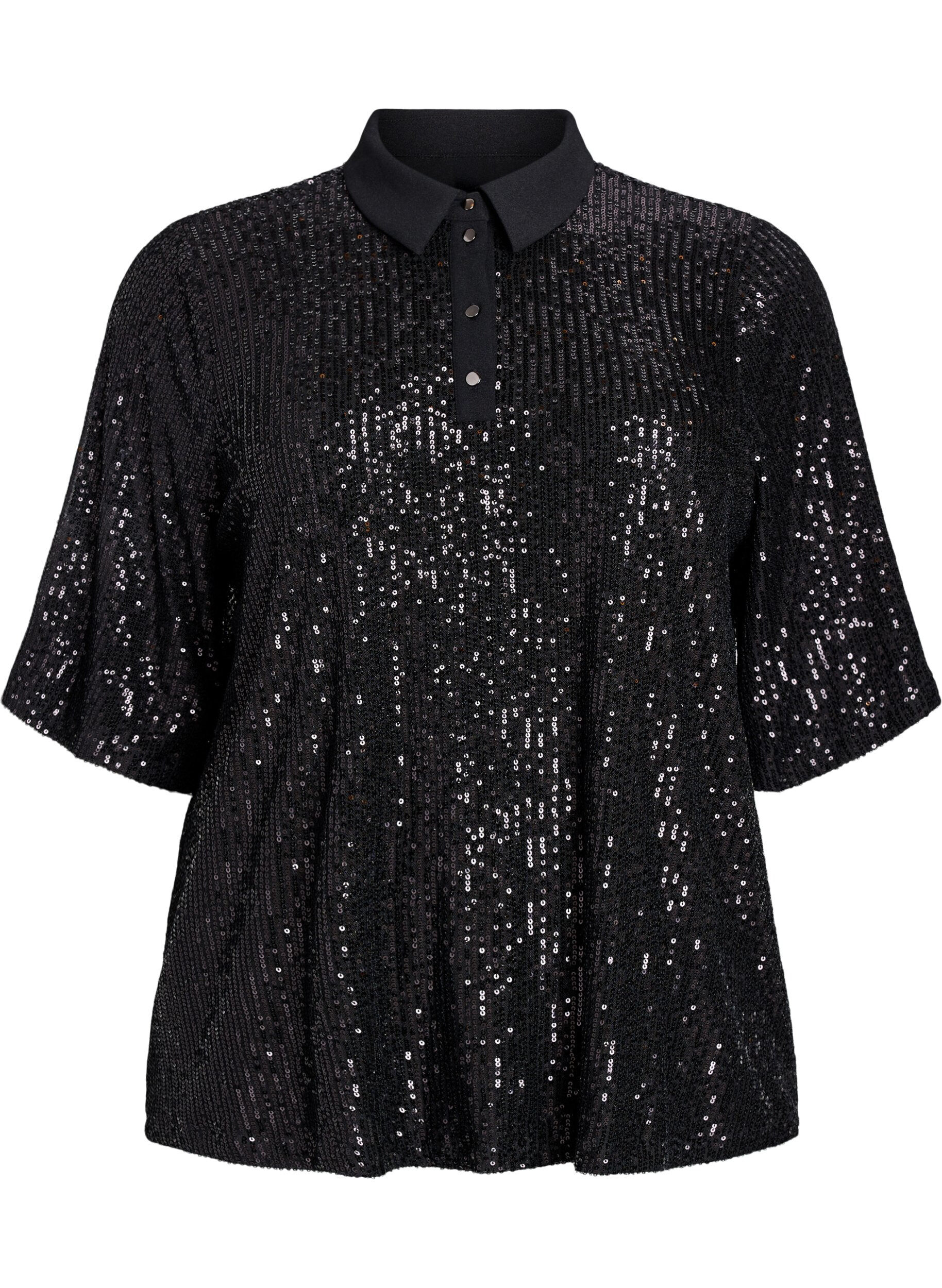 Sequinblouse met polokraag en korte mouwen