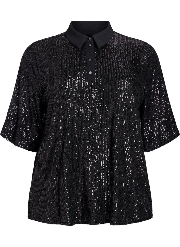 Sequinblouse met polokraag en korte mouwen, Zwart, Packshot image number 0