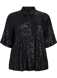 Sequinblouse met polokraag en korte mouwen, Zwart Sequinblouse met polokraag en korte mouwen