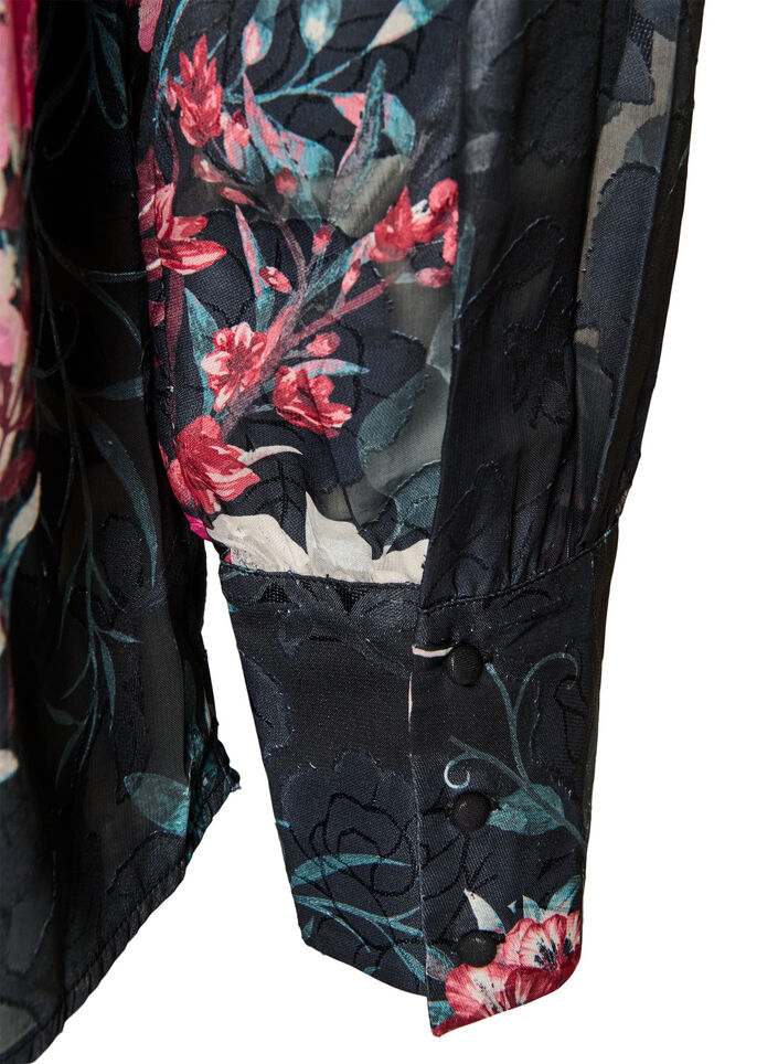 Blouse met bloemenprint en geweven textuur, Zwart, Packshot image number 3