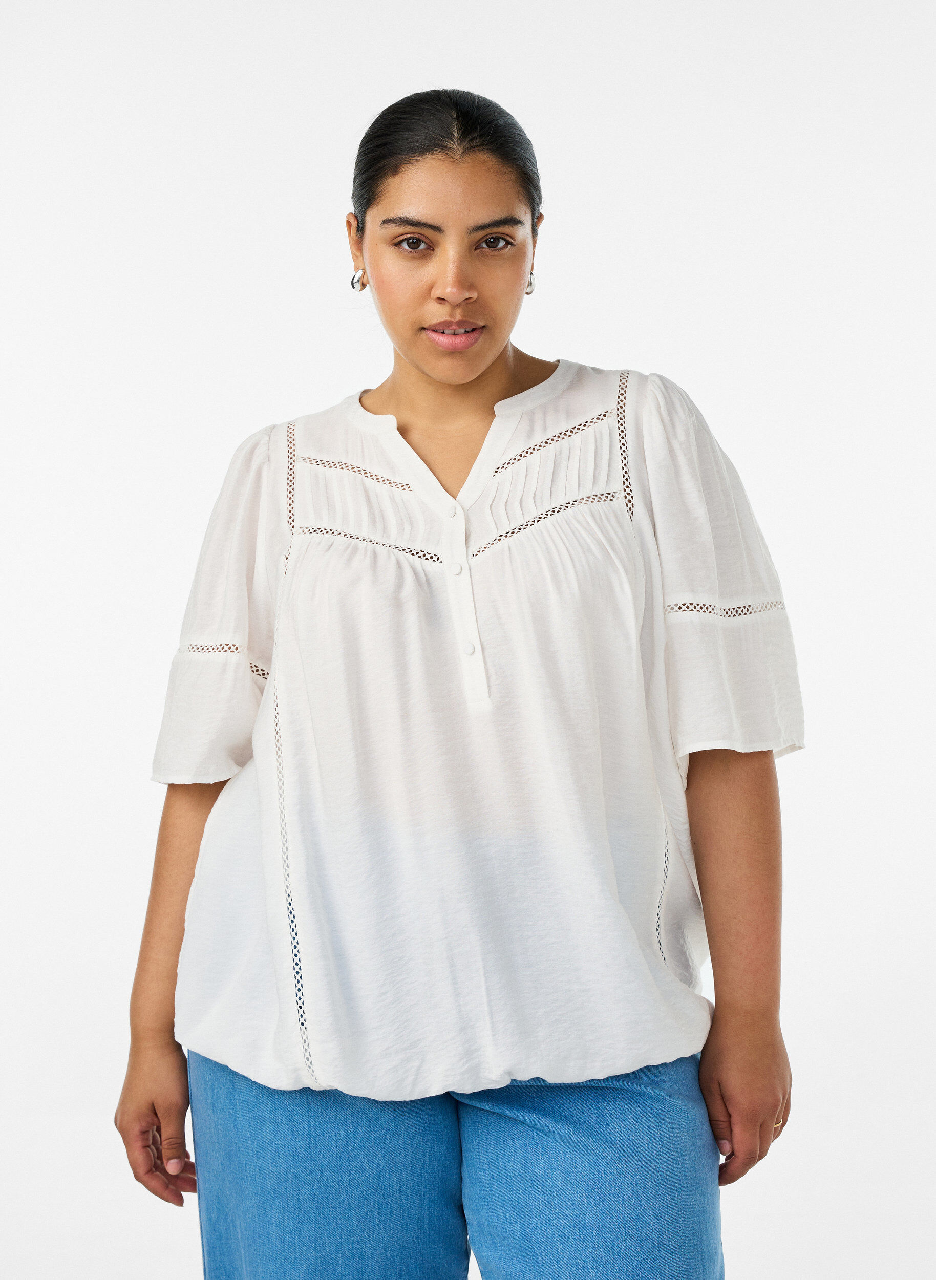 ZizziViscose blouse met plooien en balloneffect, Vanille, Model image number 0