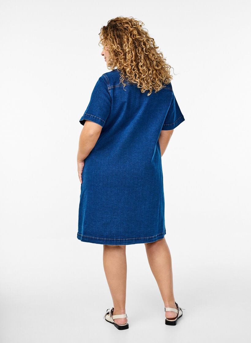 Denim jurk met knopen en korte mouwen, Blauw, Model image number 2