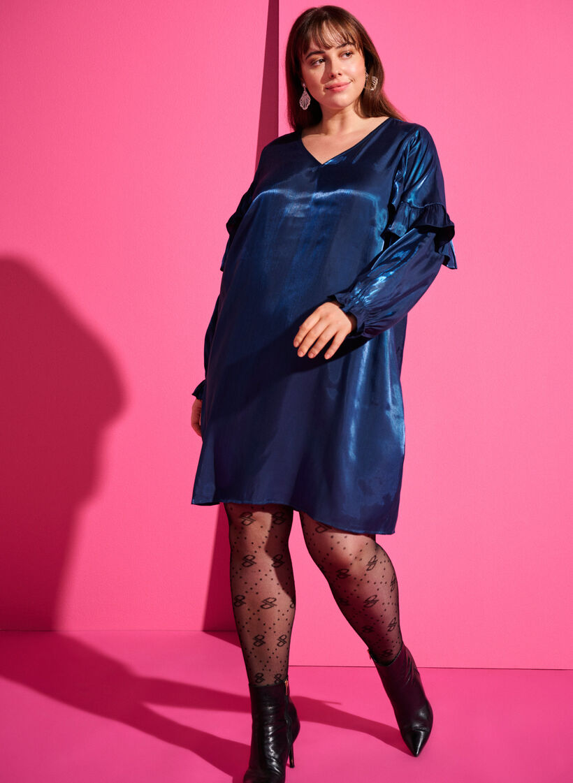 Viscose jurk met V-hals en ruches, Titan, Image image number 0