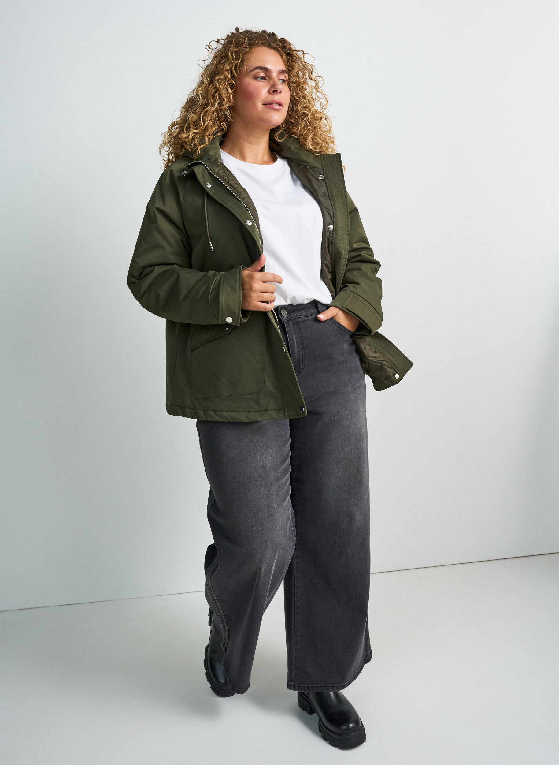 ZizziGewatteerde parka met afneembare capuchon, Groen, Model image number 1