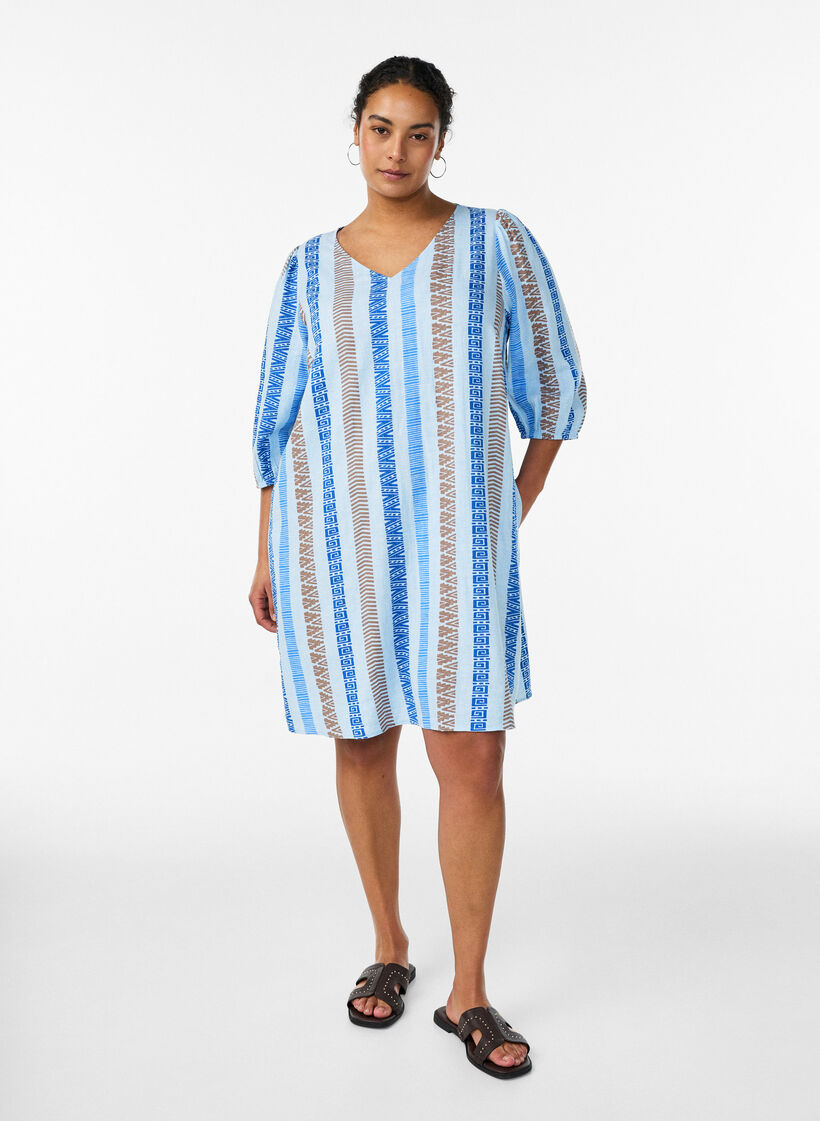 Korte jurk in linnen en viscose met 3/4 mouwen, Blauw, Model image number 1