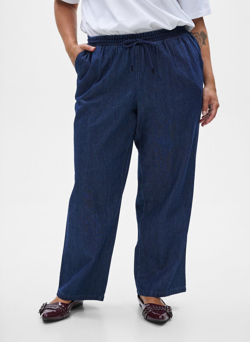 Jeans met rechte pasvorm en elastische taille, Blauw, Model image number 2