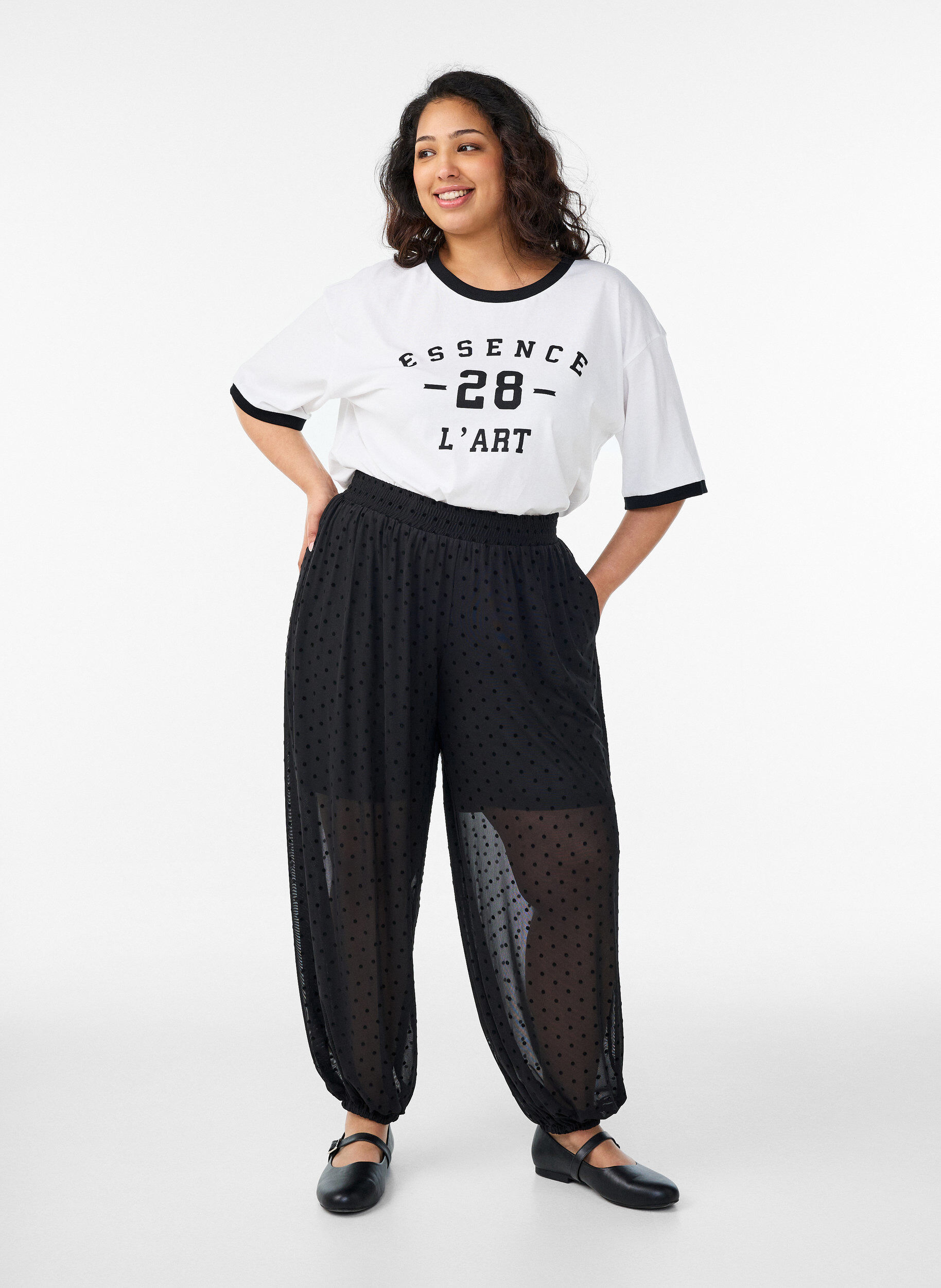 Mesh ballonnenbroek met polkadots, Zwart, Model