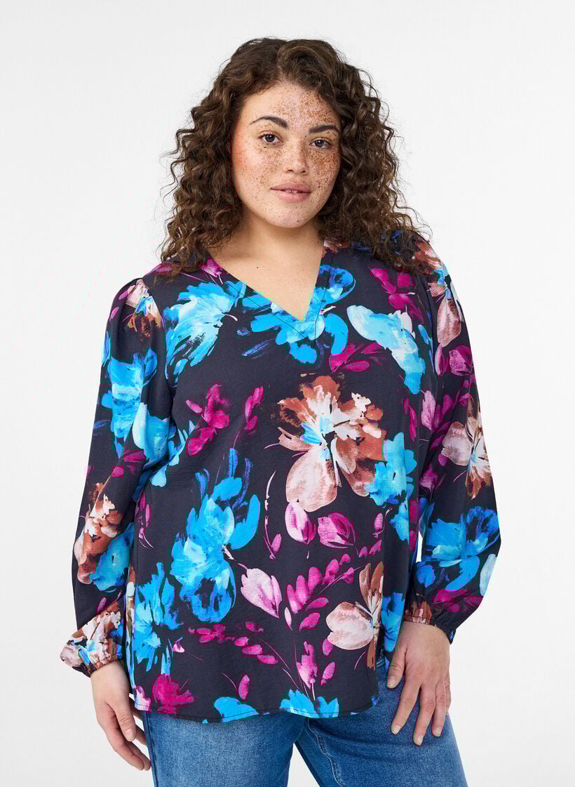 Viscose blouse met bloemenprint en lange mouwen, Zwart, Model image number 0