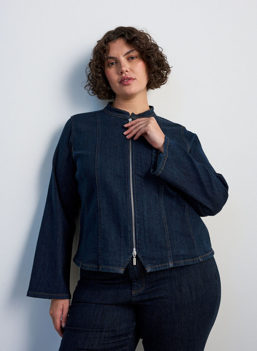 Strakzittend spijkerjack met ritssluiting, Blauw, Model image number 0