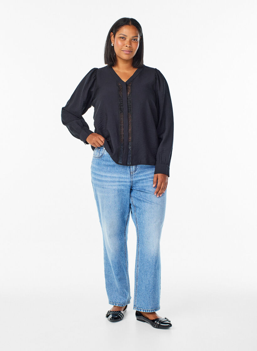 Blouse met V-hals en geborduurde banden, Zwart, Model image number 1