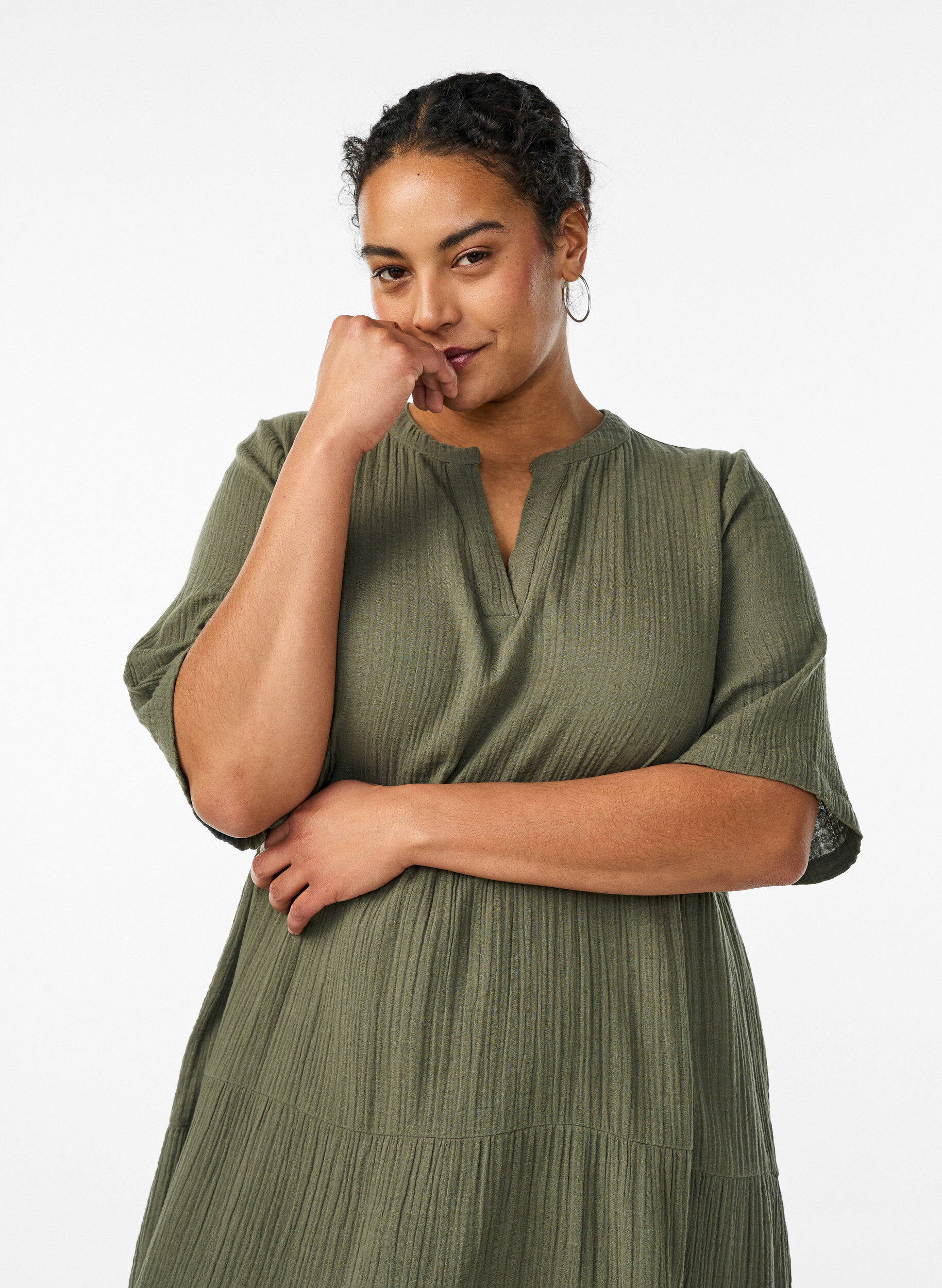 ZizziA-lijn midi-jurk in katoenen mousseline, Groen, Model image number 2