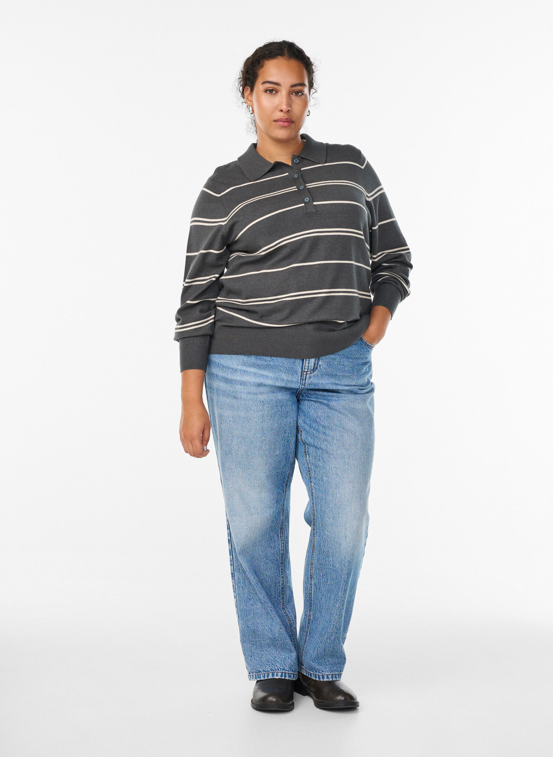 ZizziStrik blouse met kraag, Groen, Model image number 1