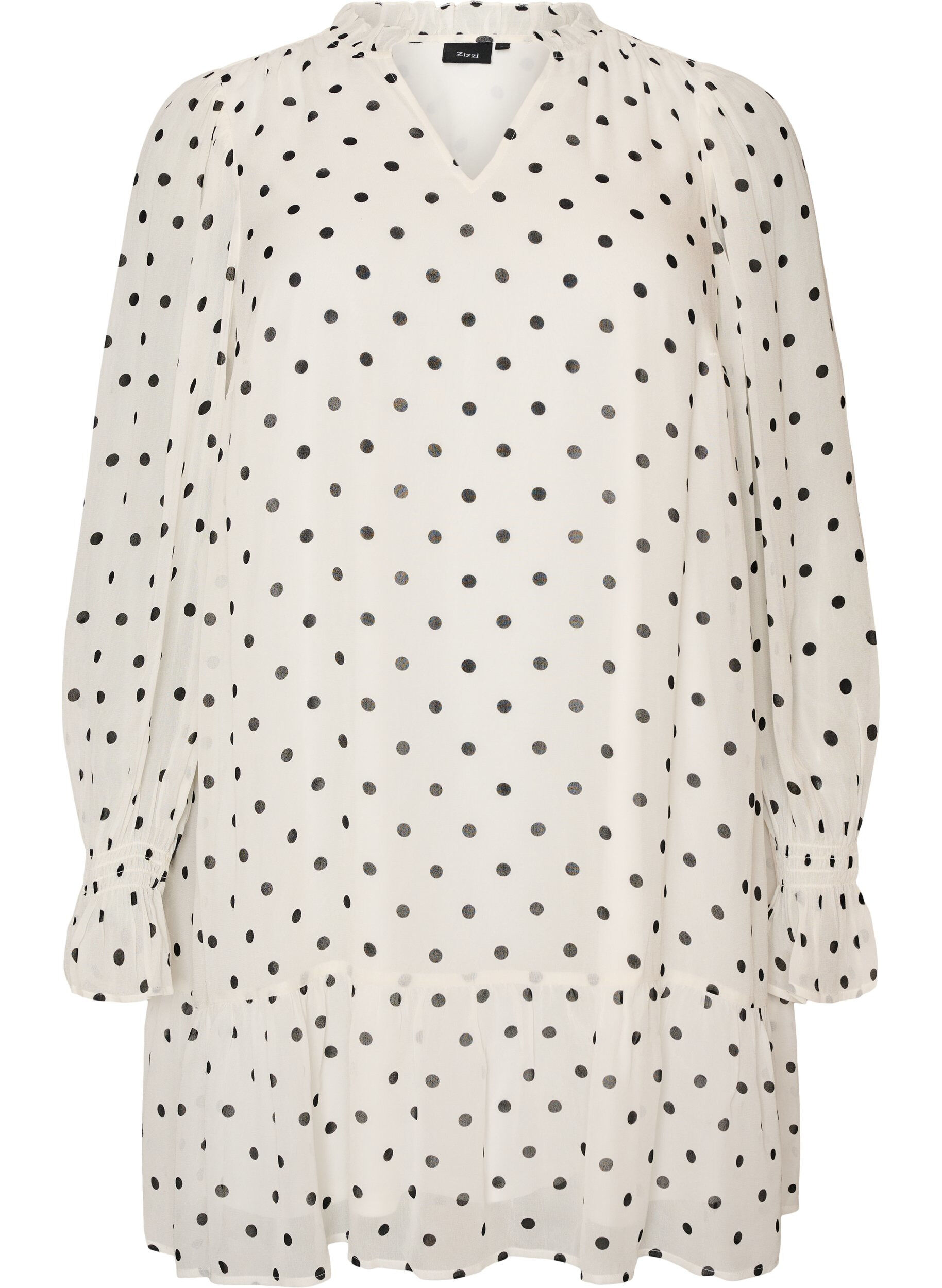 Viscose jurk met ruches en doorschijnende mouwen