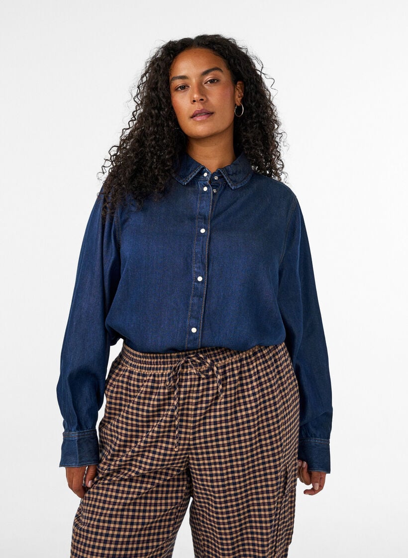 Denim blouse van lyocell met drukknopen, Blauw, Model image number 0