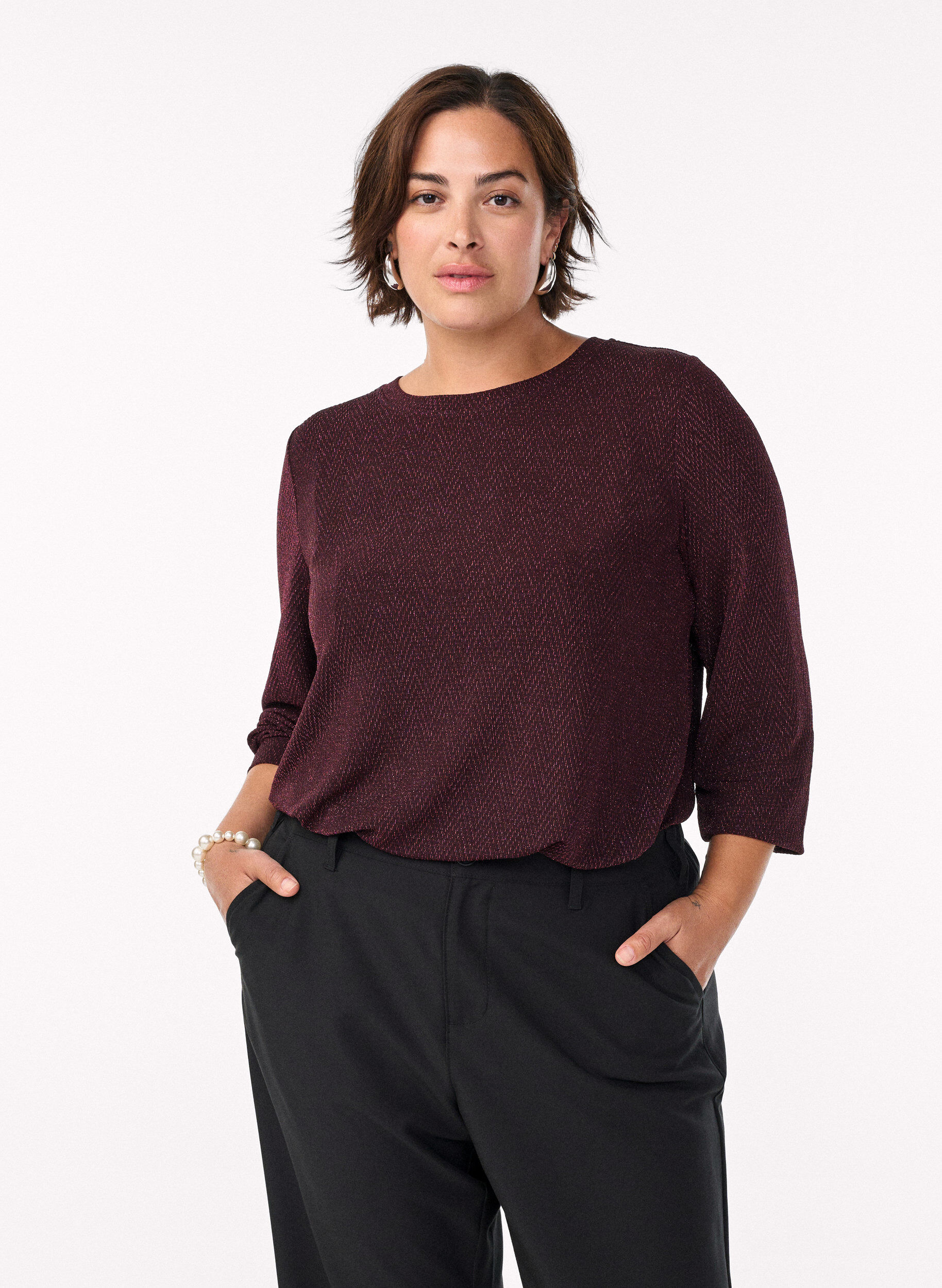 Blouse met visgraatpatroon en glinsterend garen, Donker Bordeaux, Model