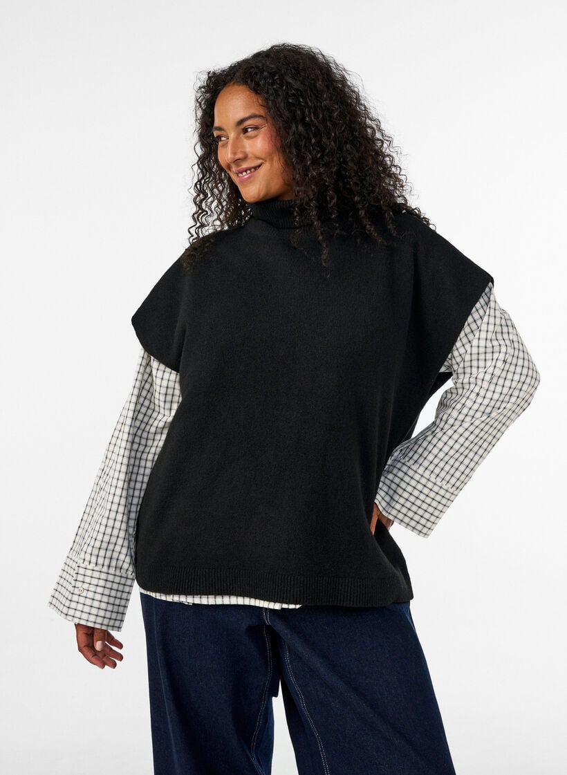 Gebreide vest met col, Zwart, Model image number 0