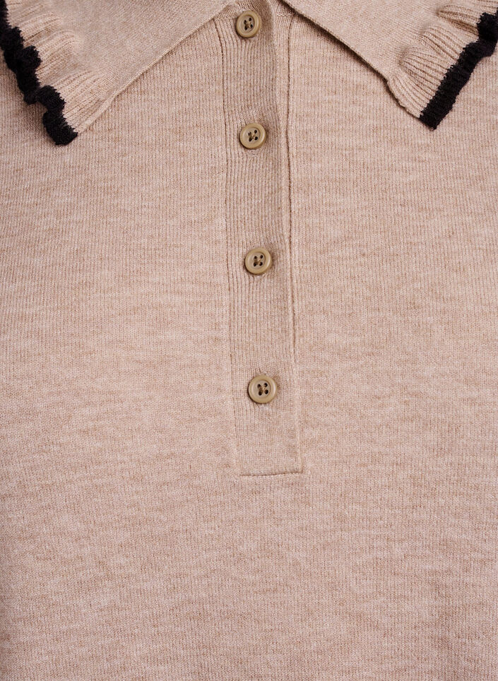 Gebreide blouse met een kraag en contrasterende ruches, Beige, Packshot