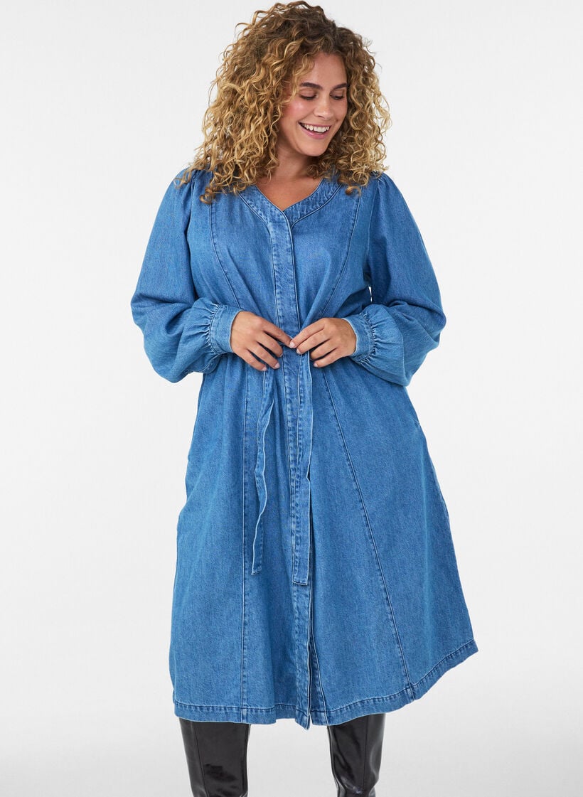 Denimjurk met V-hals en strikceintuur, Blauw, Model image number 0