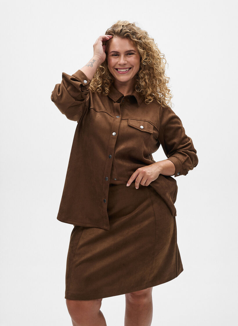 Korte A-lijn rok in imitatie suède, Brown Fake Suede , Model