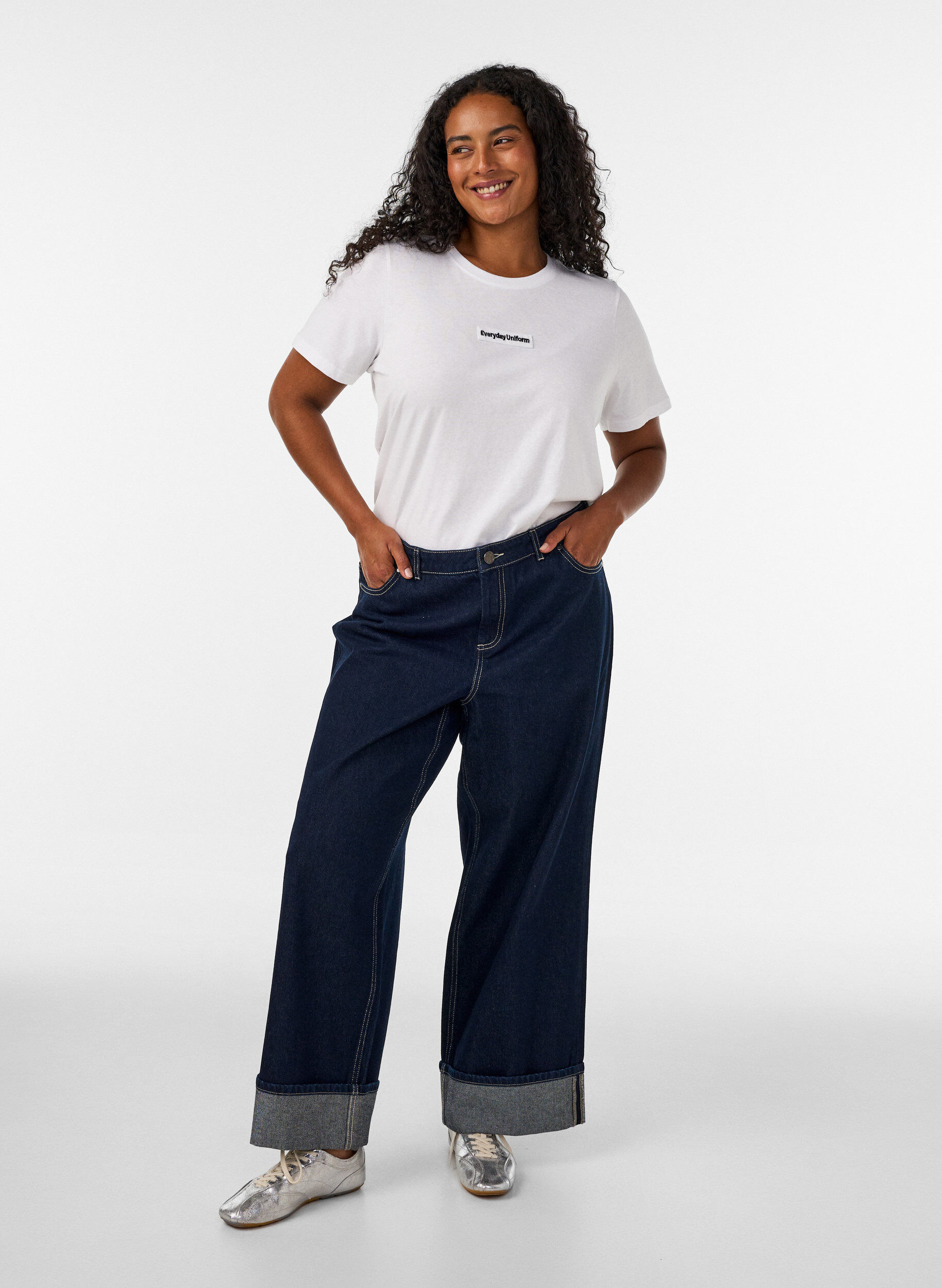 ZizziKatoenen T-shirt met tekstbadge, Wit, Model image number 1
