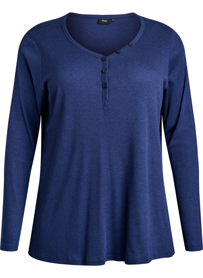 Geribde nacht top met lange mouwen en knopen, Blauw, Packshot