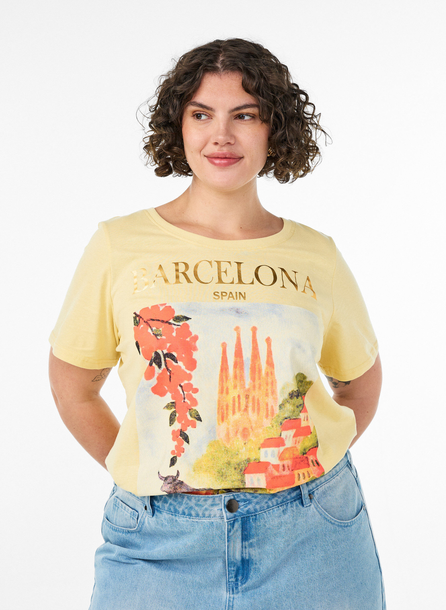 ZizziKatoenen T-shirt met print, Geel, Model image number 0