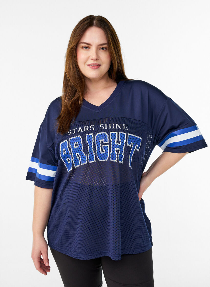 T-shirt de sport avec col V et imprim&eacute; sur le devant, Bleu, Model image number 0