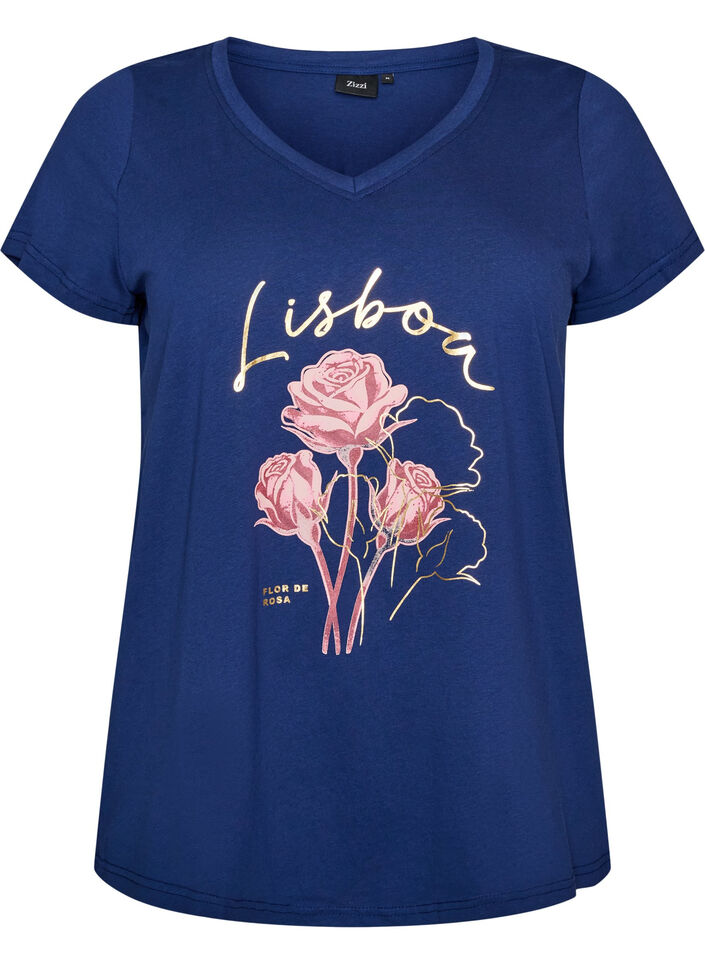 Katoenen T-shirt met V-hals en print aan de voorkant, Blauw, Packshot image number 0
