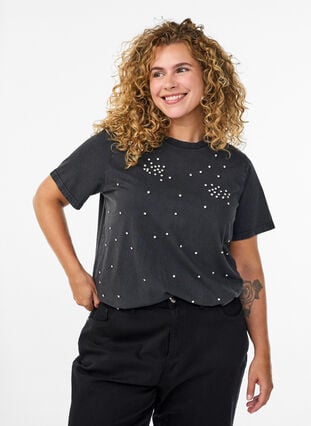 ZizziDit T-shirt met een gewassen look en rhinestones, Grey Washed, Model image number 0