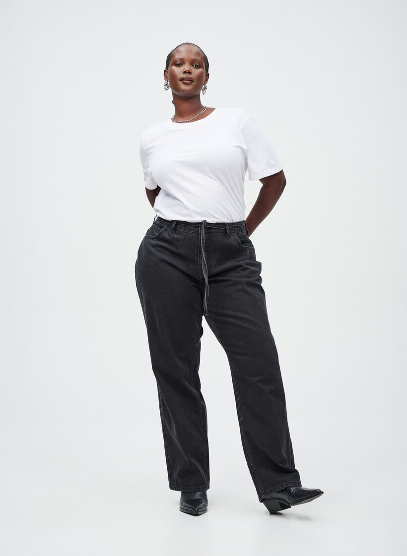 Straight-fit jeans met een strikceintuur, Zwart, Image image number 0