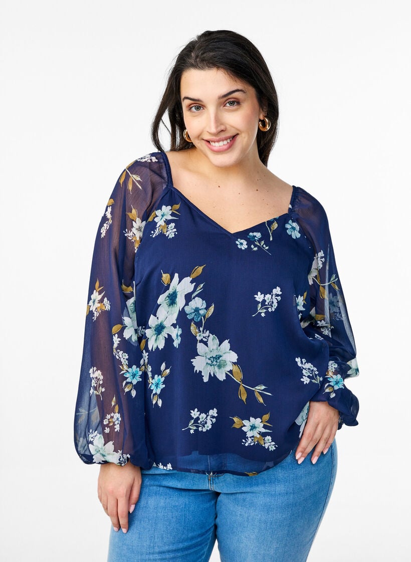 Chiffon blouse met bloemenprint en lange mouwen, Blauw, Model image number 0