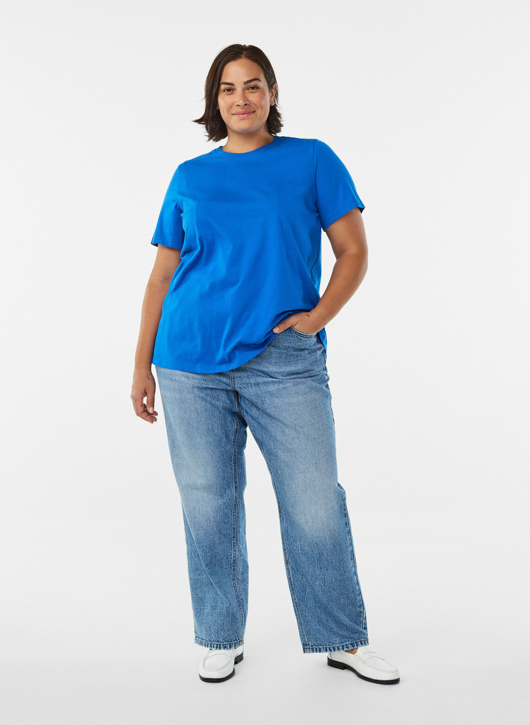 ZizziBasic katoenen T-shirt met ronde hals, Blauw, Model image number 1