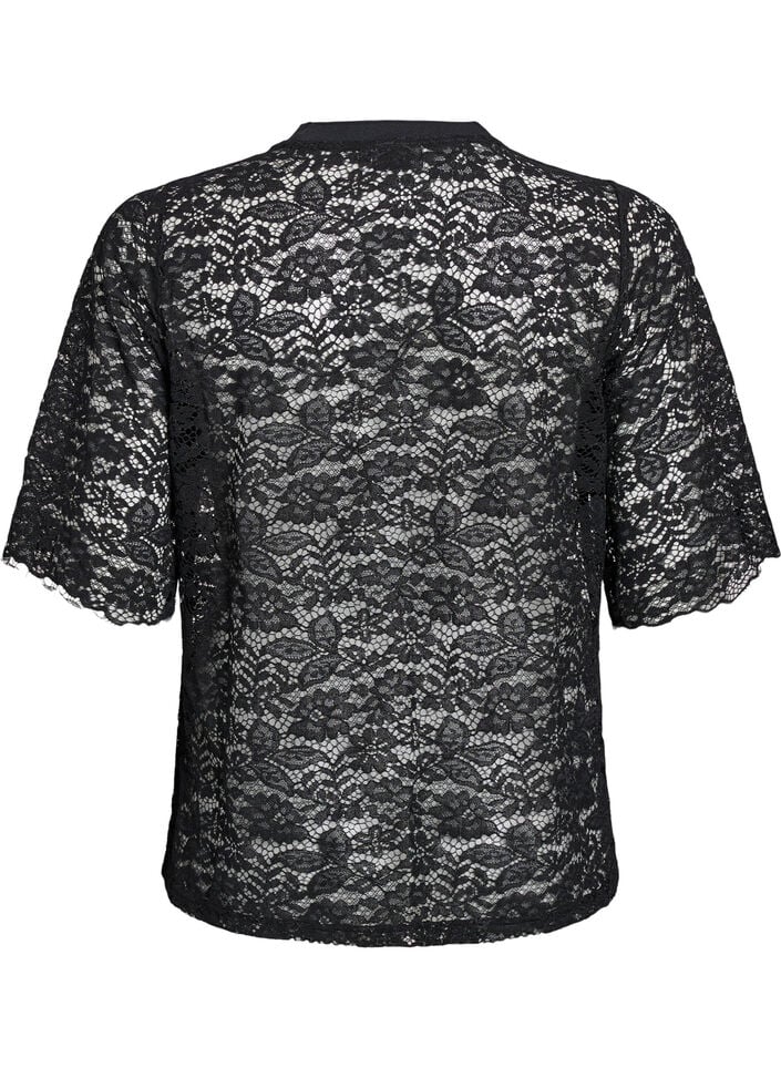 Kanten blouse met korte mouwen en ronde hals, Black, Packshot