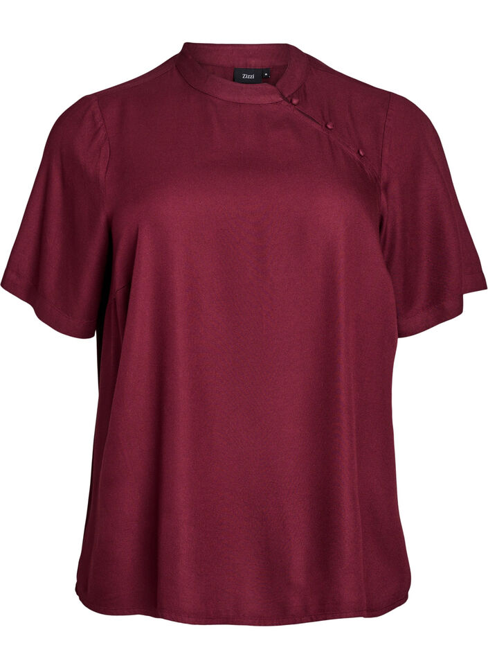 Blouse met korte mouwen en diagonale knoopsluiting, Rood, Packshot image number 0