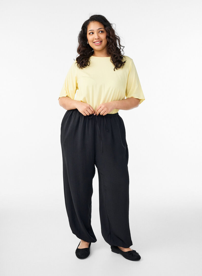 Geweven blouse met korte mouwen en ronde hals, Geel, Model image number 1