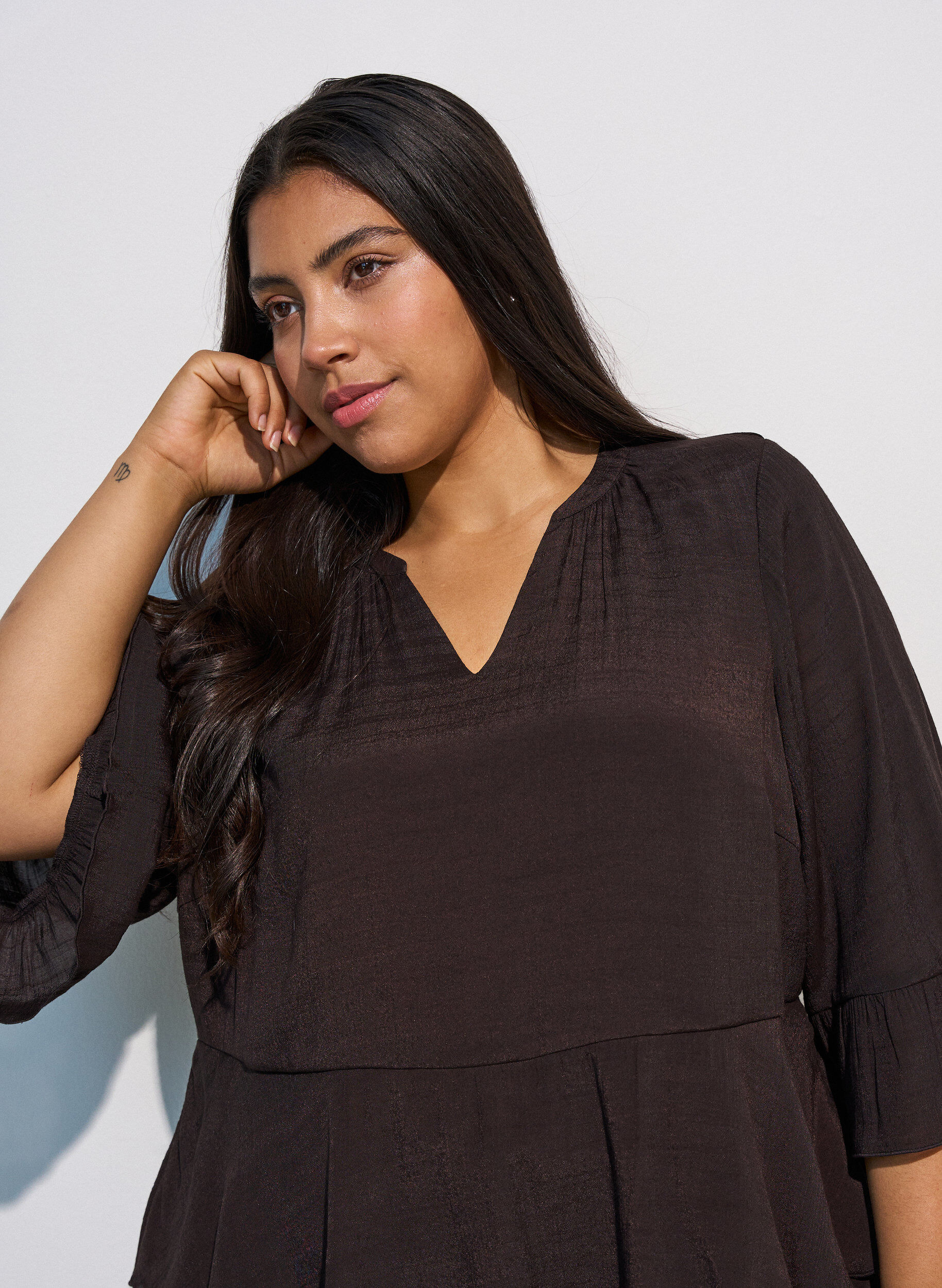 ZizziBlouse met 3/4-mouwen en ruchesdetails, Bruin, Model image number 3
