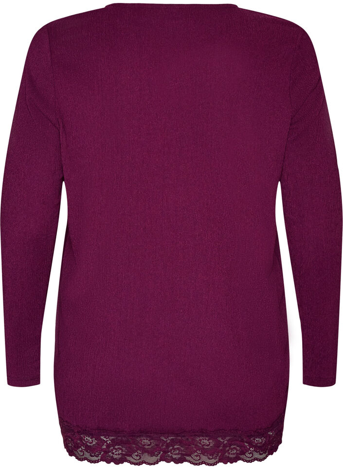 Jersey blouse met asymmetrische kanten rand, Paars, Packshot image number 1